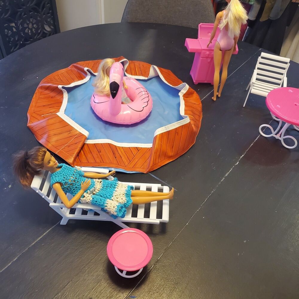 Barbie Pool Party Set Table BBQ Lounger Chairs Floatie *No Dolls